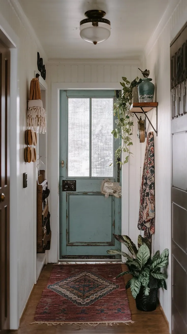 This eclectic entryway proves that even a small hallway can make a grand statement.  The hallway transformation is complete thanks to a carefully chosen hallway rug, vintage interior doors, and a touch of minimalist eclectic decor.  These entry hallway ideas showcase how natural hallway decor can create a welcoming and stylish space, proving that eclectic hallway design doesn't require a lot of space.