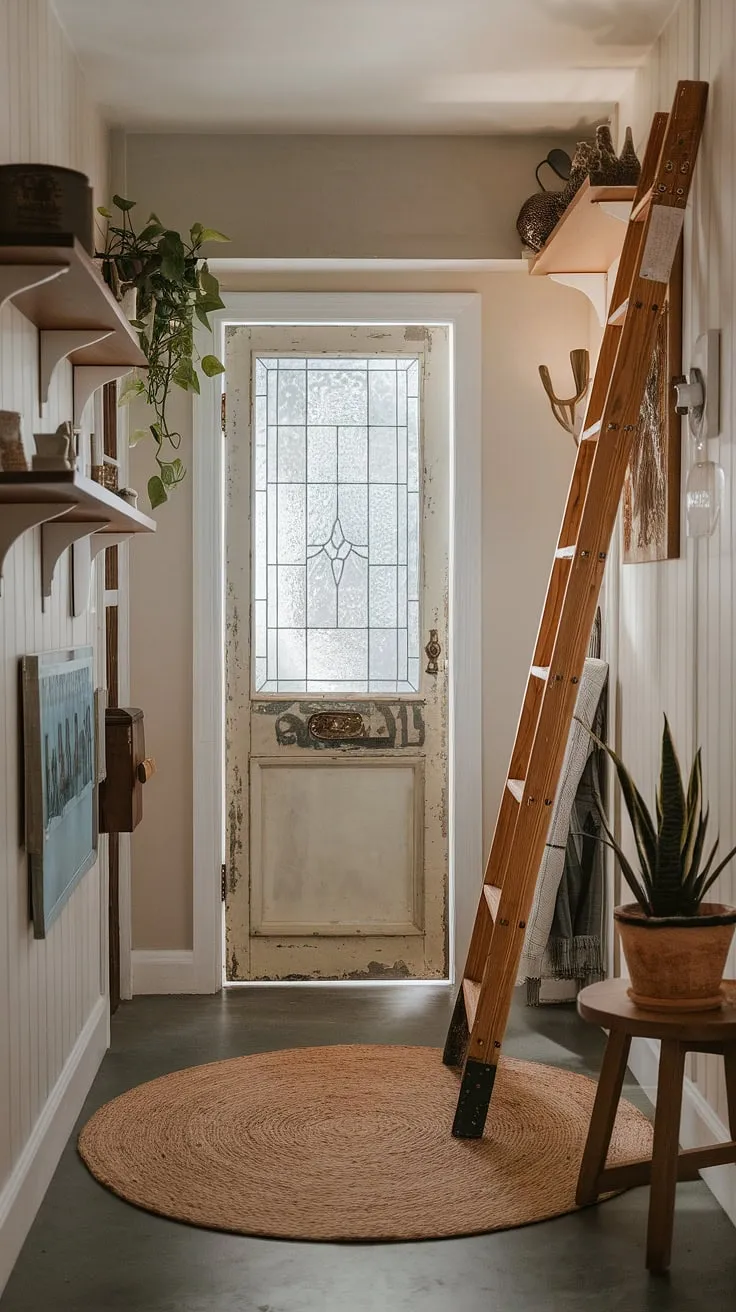 This eclectic entryway proves that even a small hallway can make a grand statement.  The hallway transformation is complete with vintage interior doors, a hallway rug that anchors the space, and natural hallway decor creating a minimalist eclectic decor feel.  Plenty of entry hallway ideas to steal for your own home!