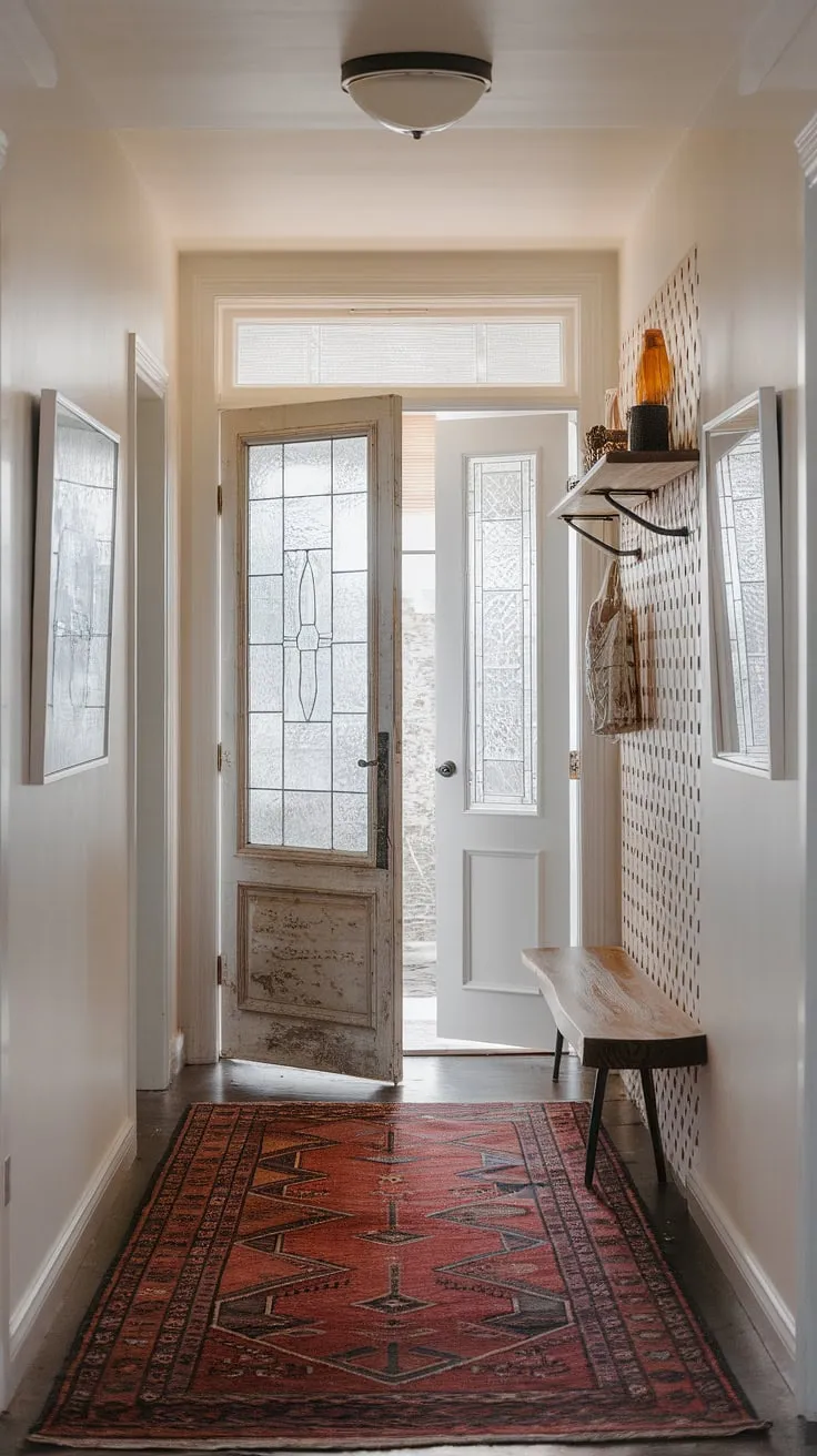 This eclectic entryway, a testament to small hallway design ingenuity, showcases a hallway transformation achieved with a vintage interior door, natural hallway decor, and a thoughtfully chosen hallway rug.  The minimalist eclectic decor creates a surprisingly spacious feel.