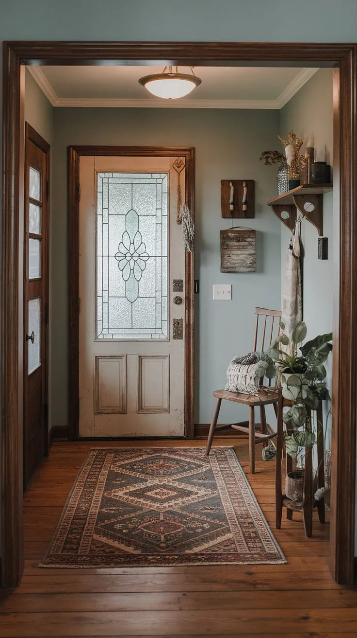 Step into a world of curated charm with this eclectic entryway.  The small hallway design maximizes space and style, showcasing vintage interior doors, a hallway rug that anchors the space, and minimalist eclectic decor.  This hallway transformation proves that even a small entryway can make a grand statement with natural hallway decor and thoughtful entry hallway ideas.