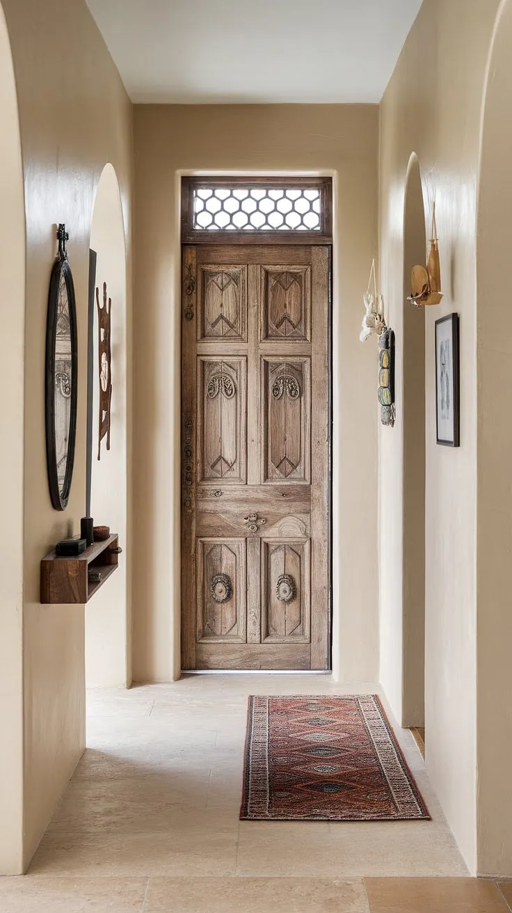 This eclectic entryway proves that even a small hallway can make a grand statement.  The hallway transformation is complete thanks to a carefully chosen hallway rug, vintage interior doors, and a touch of minimalist eclectic decor.  These entry hallway ideas showcase how natural hallway decor and a curated collection of pieces create a welcoming and stylish space.