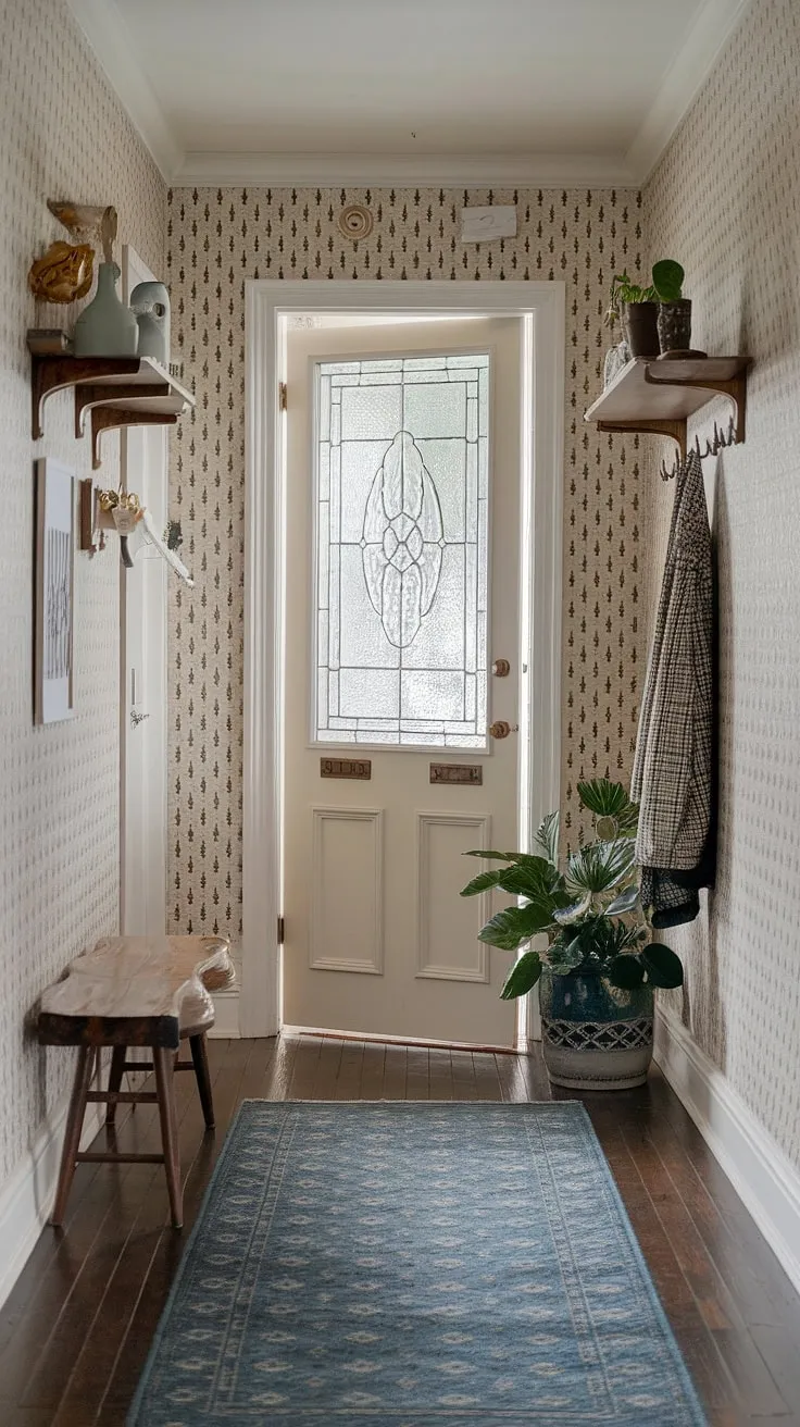 This entry hallway ideas showcase a stunning blend of minimalist-eclectic decor in a small hallway design.  The vintage interior doors and natural elements create a warm and inviting atmosphere.  Notice the eclectic hallway design achieved with simple touches like the hallway rug ideas and carefully chosen personal items.  A perfect example of a hallway transformation using eclectic entryway style.