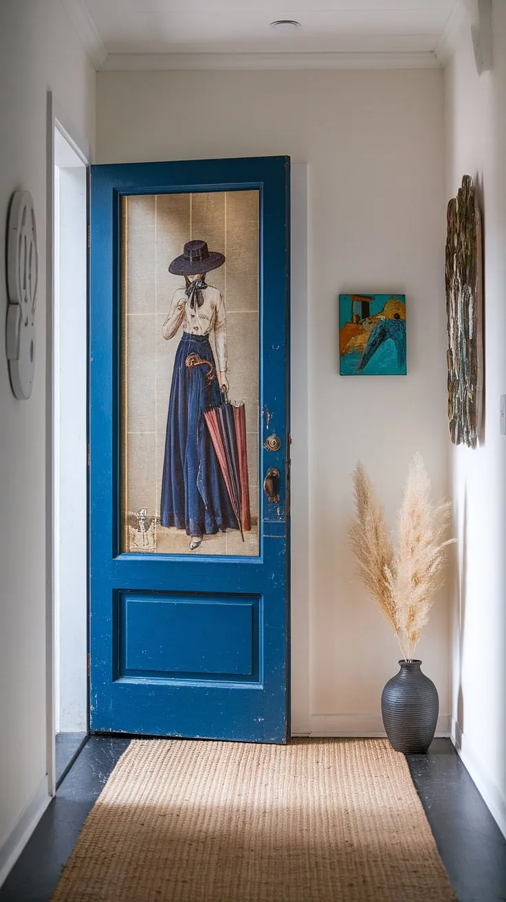 Step into a world of charm with this eclectic entryway.  The vintage interior door, a statement piece featuring a whimsical woman, sets the tone for this hallway transformation.  Minimalist eclectic decor and a natural hallway rug complete the small hallway design, offering a wealth of entry hallway ideas for those seeking unique, natural hallway decor.