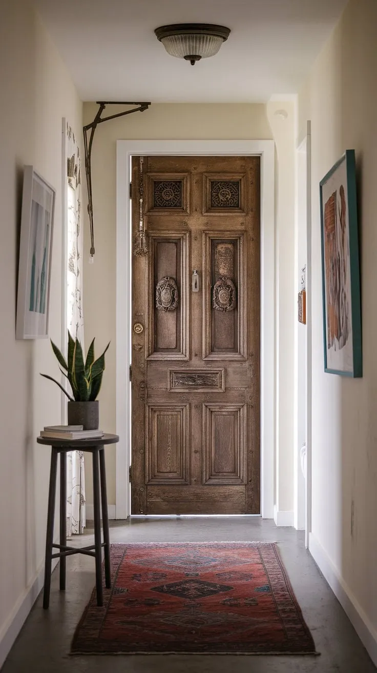 A hallway transformation doesn't require vast space. This small hallway design proves that with eclectic hallway design and thoughtful choices—like a stunning vintage interior doors and natural hallway decor—even a narrow entryway can become a captivating focal point.  Explore hallway rug ideas for your own minimalist eclectic decor.
