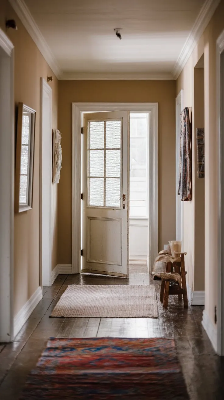 A hallway transformation doesn't require a large space; this small hallway design showcases how impactful eclectic entryway style can be.  Vintage interior doors and natural hallway decor create a welcoming atmosphere, while the hallway rug ideas demonstrate the power of a simple yet striking addition.  The result?  A minimalist eclectic decor scheme that's both stylish and functional.