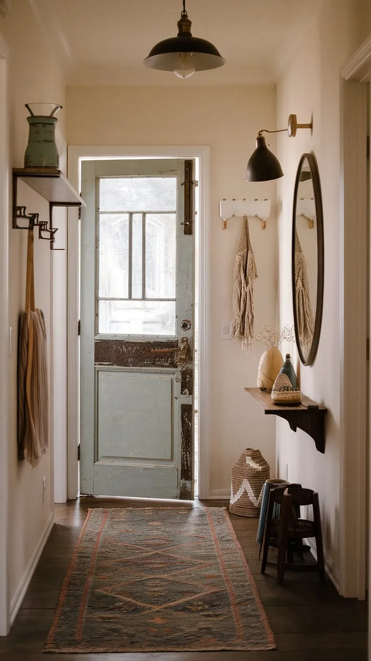 A hallway transformation doesn't require vast space; this small hallway design showcases how impactful a few key elements can be.  The vintage interior doors and natural hallway decor create a welcoming atmosphere, while the eclectic hallway design and hallway rug ideas add a touch of playful sophistication. This minimalist eclectic decor proves that less can truly be more in entry hallway ideas.