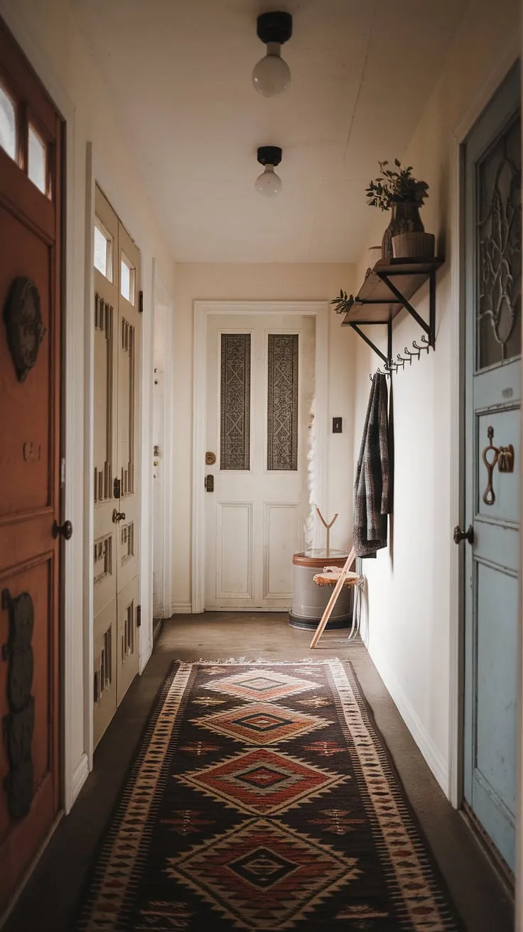 This eclectic entryway, a testament to small hallway design ingenuity, showcases a hallway transformation achieved with a vintage interior door, natural hallway decor, and a thoughtfully chosen hallway rug.  The minimalist eclectic decor creates a surprisingly spacious feel.
