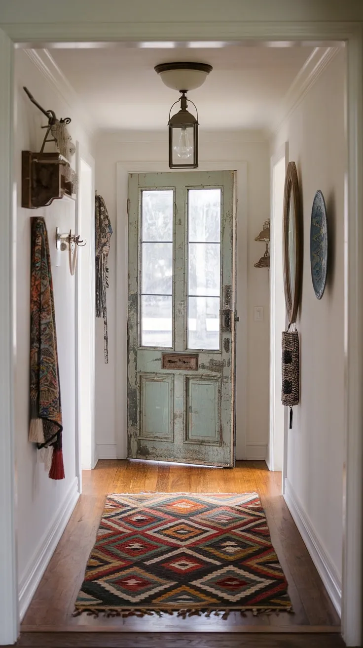 This eclectic entryway, a testament to small hallway design ingenuity, showcases a hallway transformation achieved with a vintage interior door, natural hallway decor, and a thoughtfully chosen hallway rug.  The minimalist eclectic decor creates a surprisingly spacious feel.