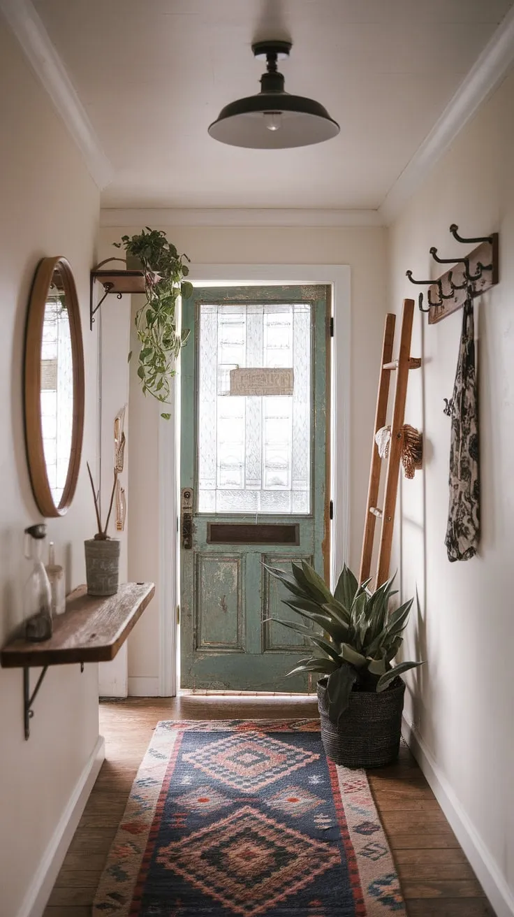 This eclectic entryway proves that even a small hallway can make a grand statement.  The hallway transformation is complete thanks to a carefully chosen hallway rug, vintage interior doors, and a touch of minimalist eclectic decor.  These entry hallway ideas showcase how natural hallway decor and a curated collection of pieces create a welcoming and stylish space.