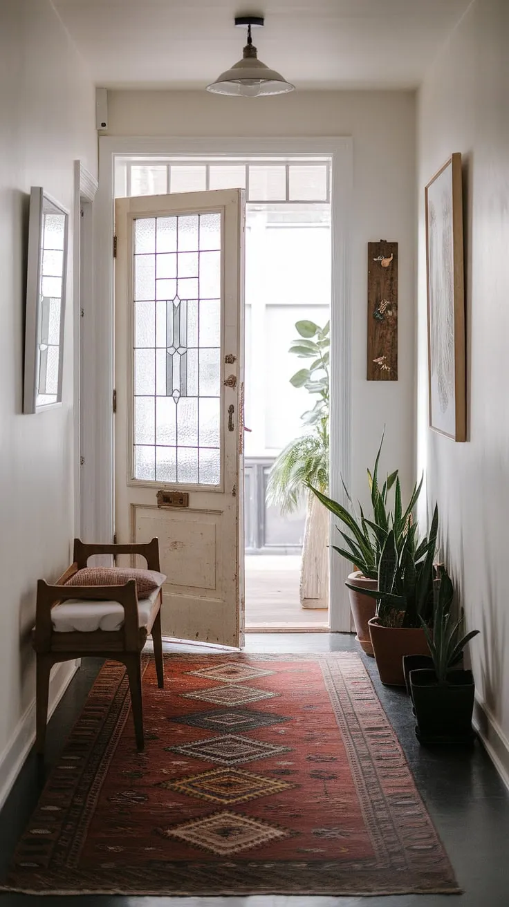 This eclectic entryway, a testament to small hallway design, showcases a stunning hallway transformation.  Vintage interior doors and a hallway rug anchor the minimalist eclectic decor, while natural hallway decor adds warmth to this space brimming with entry hallway ideas.