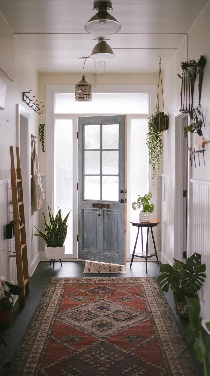 A small hallway design, dramatically improved! This hallway transformation uses vintage interior doors and a hallway rug to define the space, creating an eclectic entryway with natural hallway decor and minimalist eclectic decor.  Plenty of entry hallway ideas are on display here.