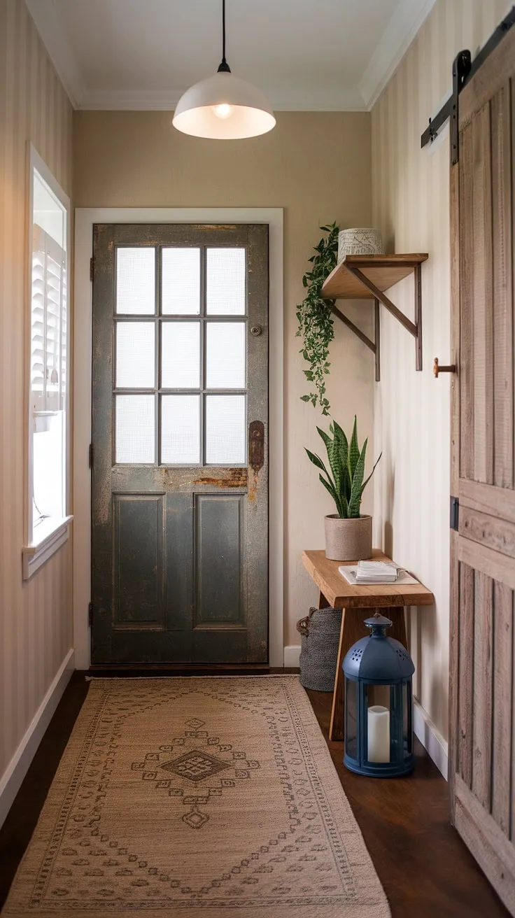 A hallway transformation doesn't require vast space. This small hallway design proves that with eclectic entryway ideas, like a vintage interior door and natural hallway decor, you can achieve a stunning, minimalist eclectic decor effect.  Note the impact of the hallway rug ideas on the overall aesthetic.