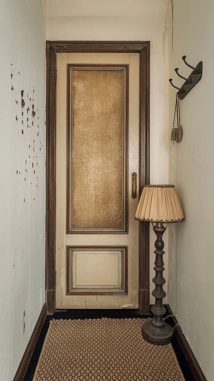A hallway transformation doesn't require vast space. This small hallway design proves that with eclectic entryway ideas, like a vintage interior door and natural hallway decor, even a narrow entry hallway can become a stylish and welcoming focal point.  The hallway rug and minimalist eclectic decor complete the look.