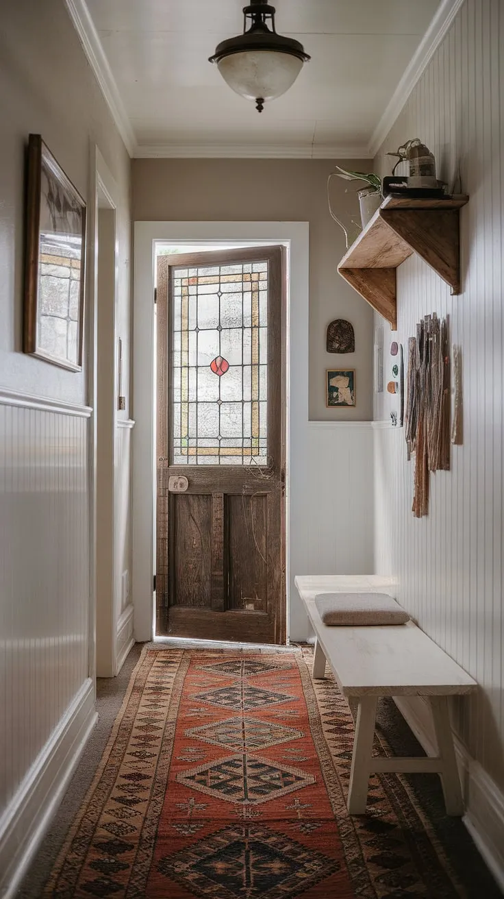 This eclectic entryway proves that even a small hallway can make a grand statement.  The hallway transformation is complete thanks to a carefully chosen hallway rug, vintage interior doors, and a touch of minimalist eclectic decor.  These entry hallway ideas showcase how natural hallway decor and a curated collection of pieces can create a welcoming and stylish space.