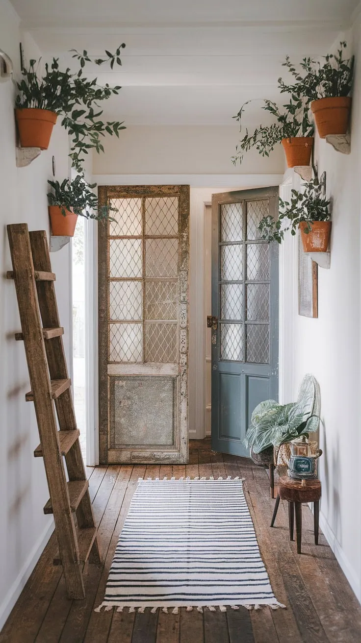 This eclectic entryway, a testament to small hallway design ingenuity, showcases a hallway transformation achieved with a vintage interior door, natural hallway decor, and a thoughtfully chosen hallway rug.  The minimalist eclectic decor creates a welcoming and surprisingly spacious feel.