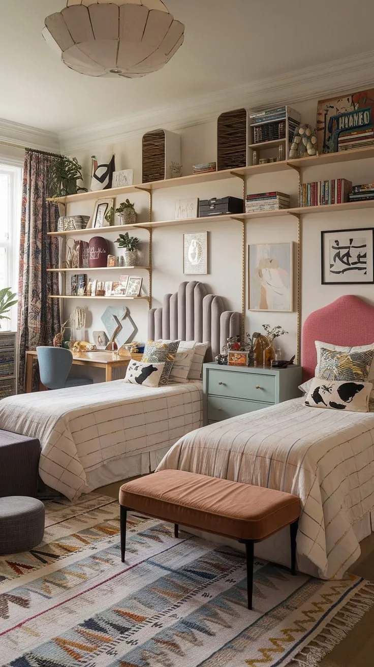 An eclectic kids room with two beds showcases maximalist style through its varied furniture and lively decor, perfect for functional kids bedroom inspiration.
