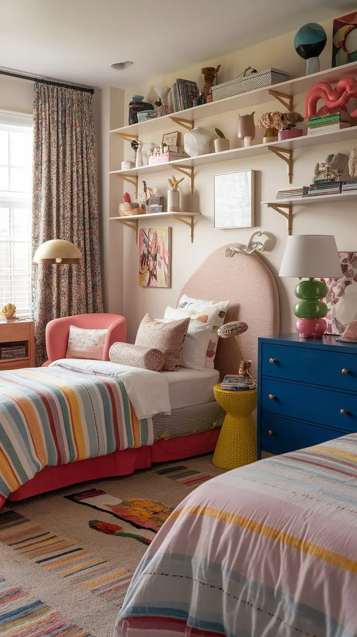 With its bold mix of textures and colors, this eclectic kids bedroom showcases creative room ideas for a functional space that accommodates two beds.