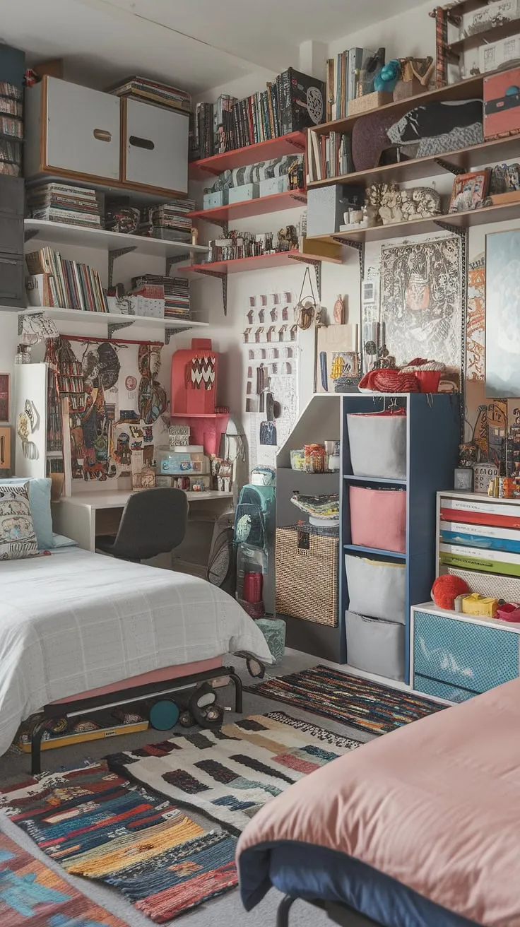 An eclectic kids bedroom with two beds combines playful maximalist elements and functional design, making it a perfect space for creativity and comfort.