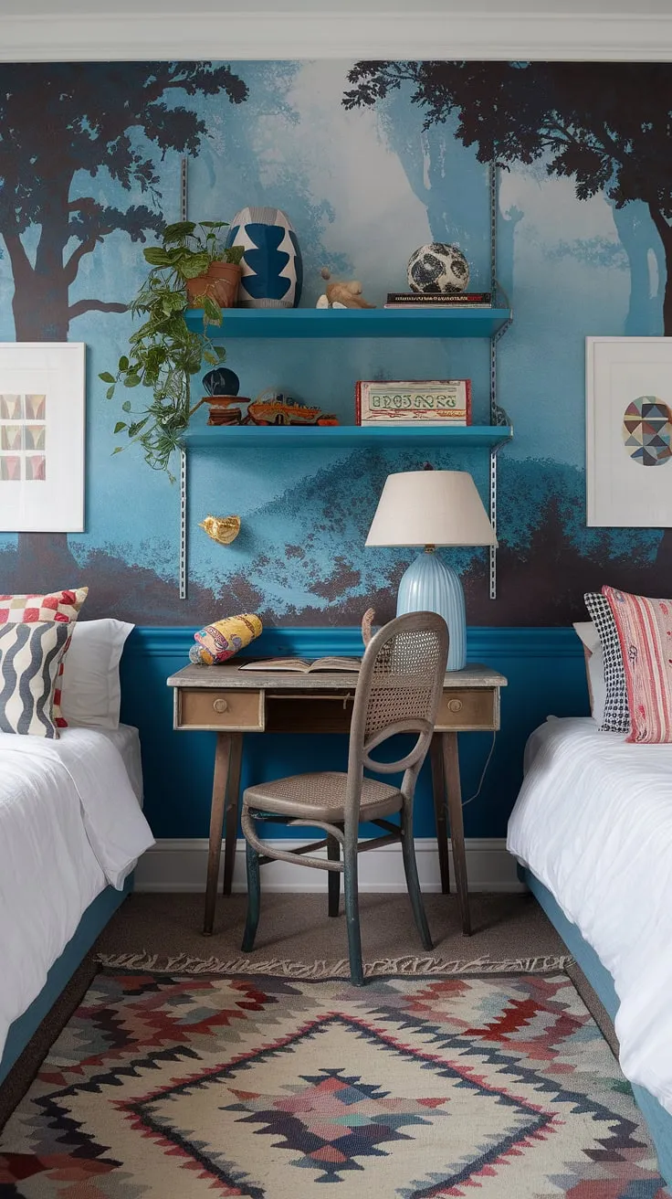 This vibrant maximalist eclectic kids bedroom features two beds, a blue forest mural, and functional decor ideas that inspire creativity in small children's room designs.