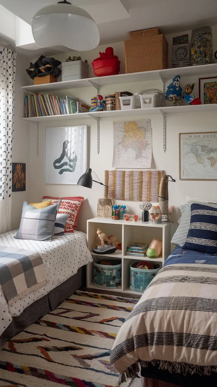 This small, eclectic kids room features two beds in a functional layout, showcasing maximalist design with vibrant patterns, textures, and playful decor.