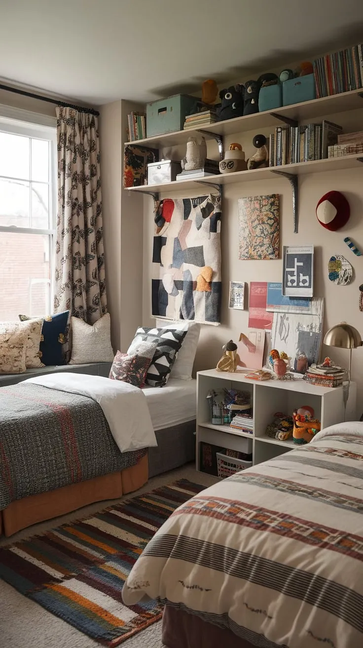 With its functional layout and playful decor, this eclectic kids room with two beds is an inspiring example of maximalist design for a cozy and creative space.