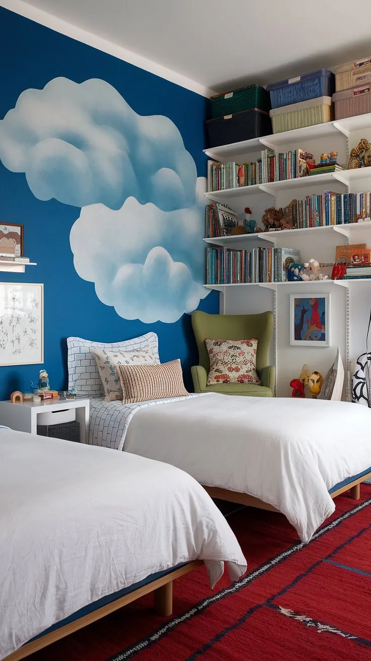 The maximalist kids room showcases two beds, a playful cloud mural, and a colorful array of furnishings, embodying eclectic room ideas for a functional kids bedroom.