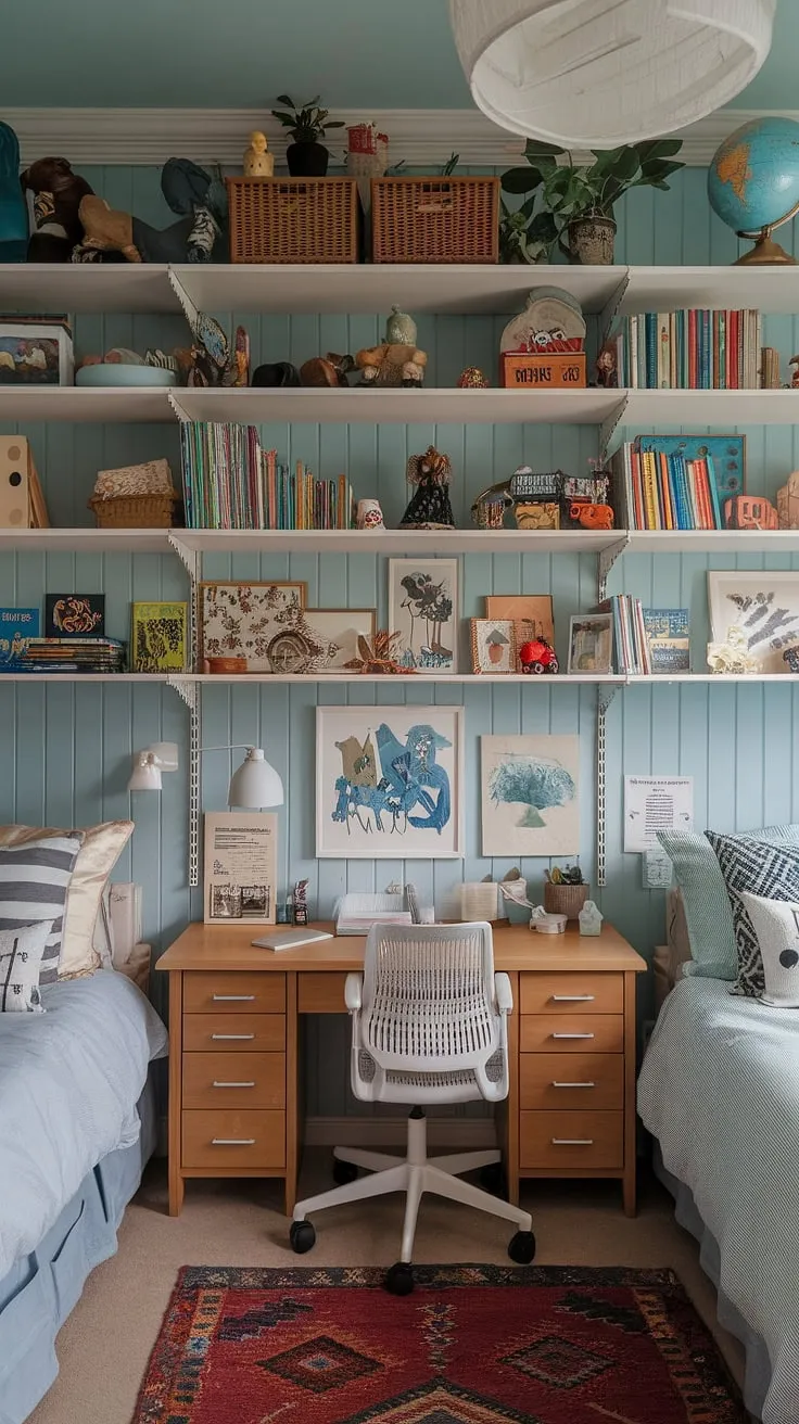 An eclectic kids bedroom with two beds, a desk, and playful decor exemplifies functional design and maximalist style, perfect for inspiring small children's room ideas.