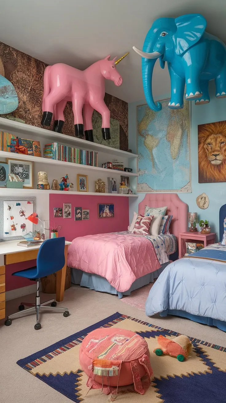 This eclectic kids room features a maximalist design with two beds adorned in pink and blue bedding, vibrant wall art, and functional elements like a desk and bookshelf, making it a perfect example of small children's room ideas.
