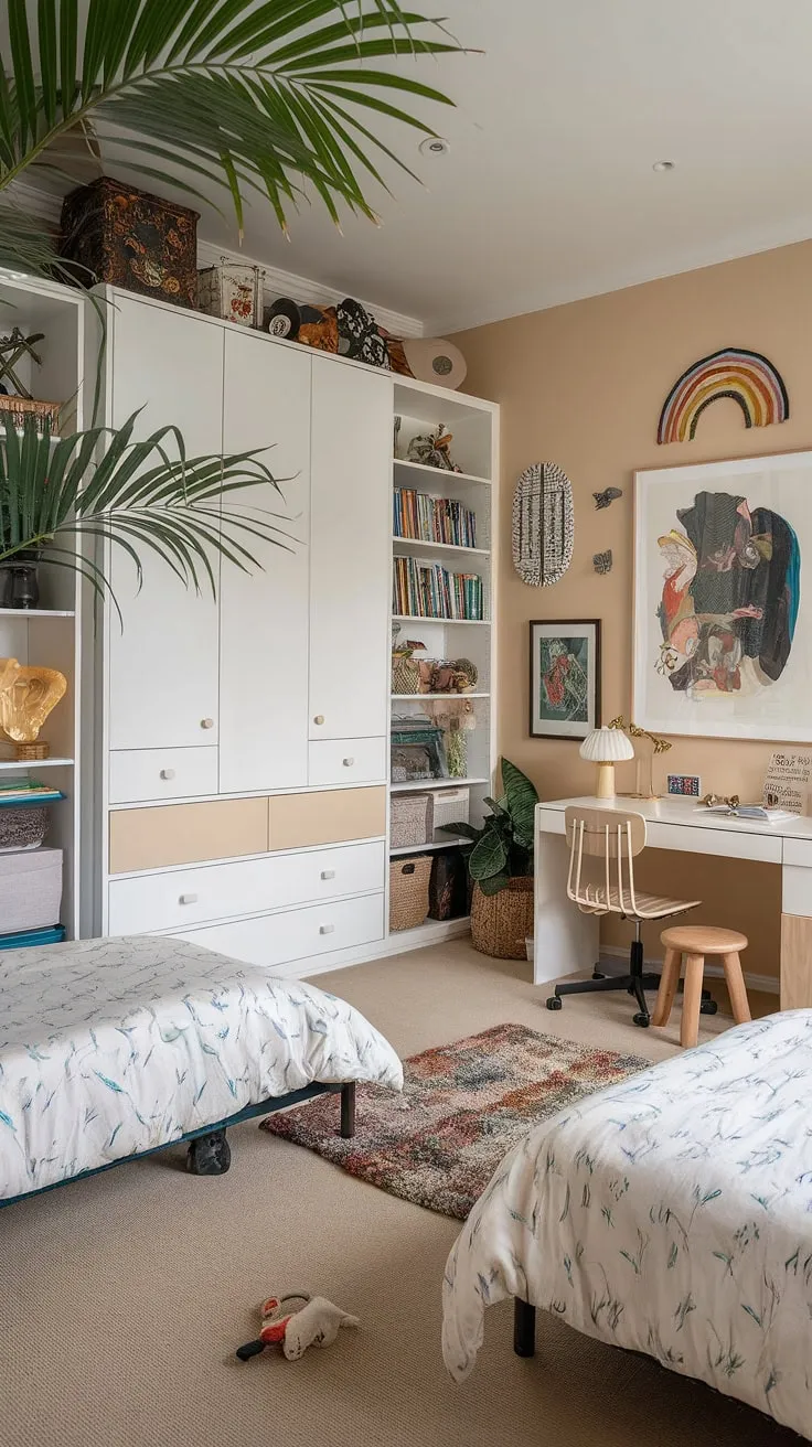 An eclectic kids room with two beds showcases a maximalist aesthetic, combining playful decor and functional furniture for a delightful children's bedroom experience.
