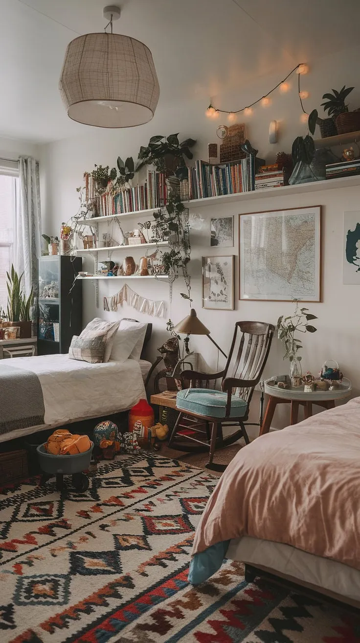 An eclectic kids bedroom with two beds showcases a lively mix of colors and textures, perfect for sparking creativity in a functional kids bedroom.