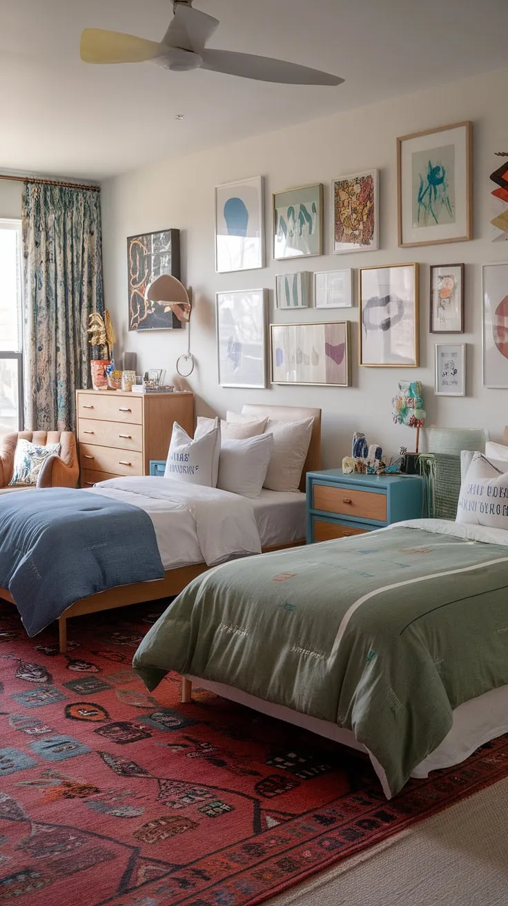 This eclectic kids room showcases maximalist style with two uniquely styled beds, vibrant bedding, and a cozy atmosphere, making it a perfect example of functional kids bedroom and small children's room ideas.