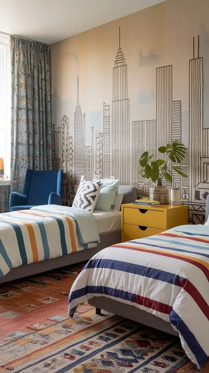 This eclectic kids room features two beds, a vibrant mural, and colorful furniture, showcasing functional and maximalist design ideas for small children's spaces.