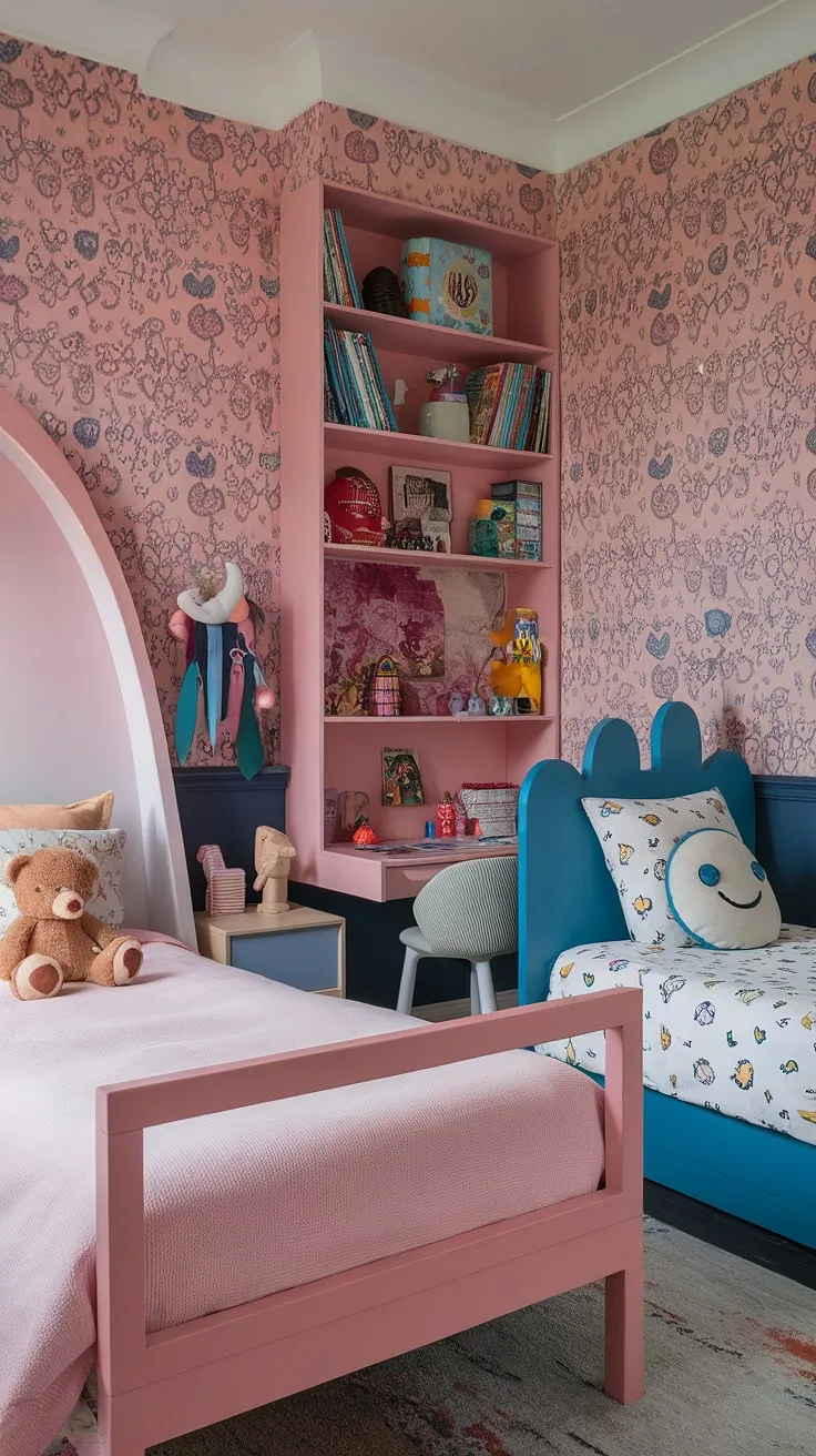 An eclectic kids room with two beds showcases maximalist style through playful decor and functional spaces, ideal for imaginative play and rest.