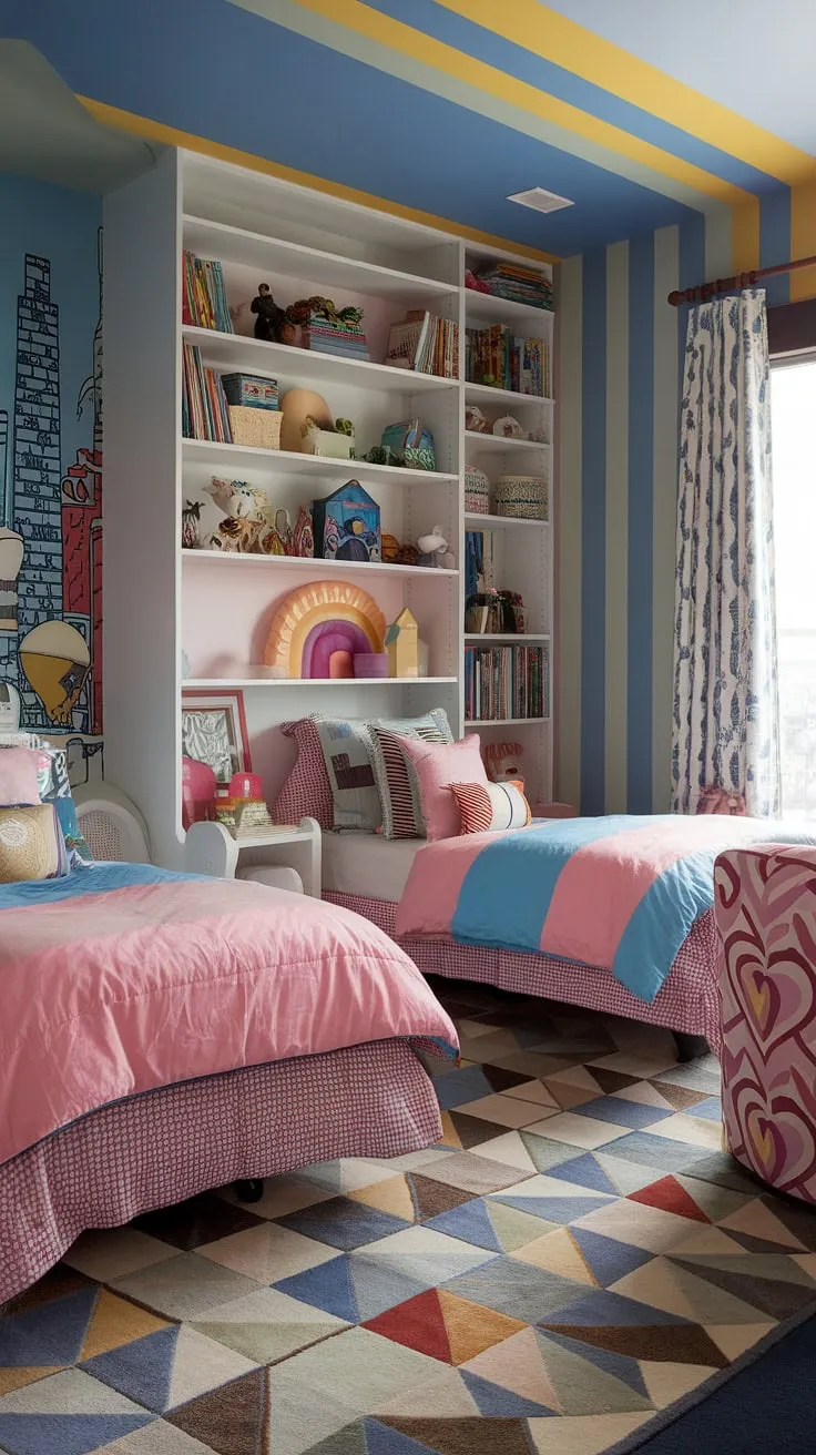 An eclectic kids bedroom with two beds bursts with color and pattern, combining functional elements like a white bookshelf with whimsical decor for a truly unique and inviting space.