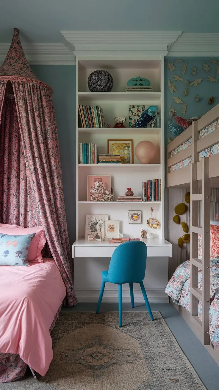 This eclectic kids bedroom features a pink canopy bed and a wooden bunk bed, showcasing functional small children's room ideas with a maximalist flair.