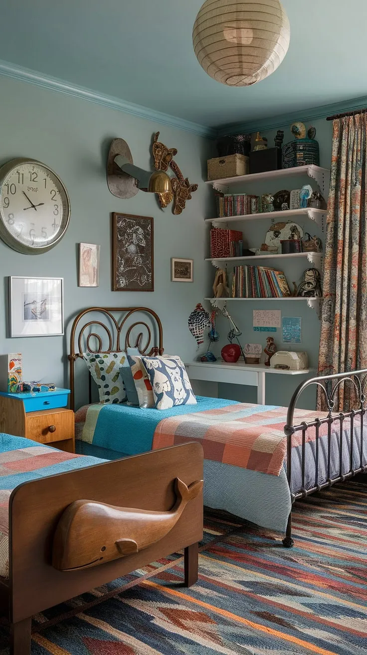 Featuring a blend of whimsical decor and practical furnishings, this eclectic kids bedroom with two beds exemplifies creative and functional design for a maximalist kids room.