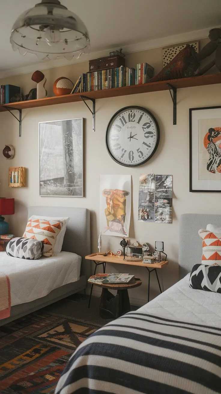 This eclectic kids bedroom features two beds and a vibrant mix of decor, including a vintage lamp and artwork, making it a functional and stylish small children's room.