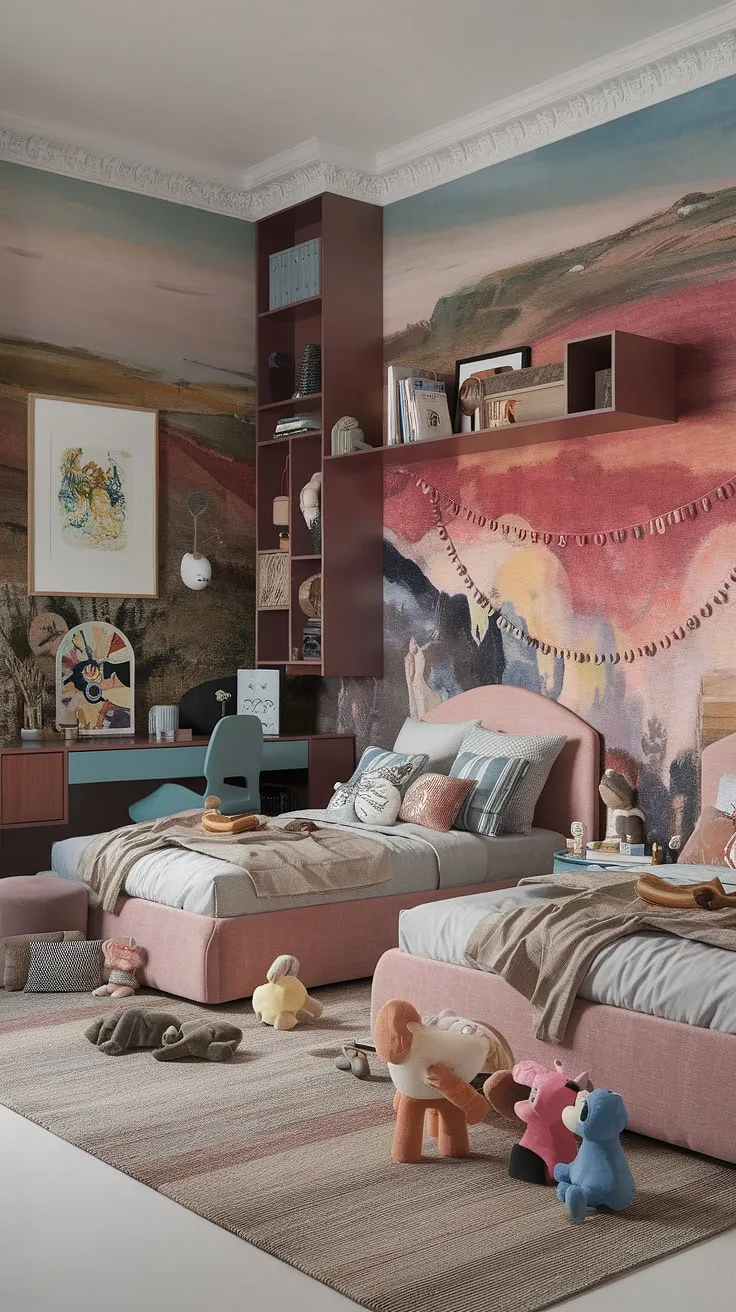 With its maximalist design, this eclectic kids bedroom showcases two beds, a colorful mural, and a mix of toys and art, perfect for small children's room ideas that prioritize both fun and functionality.