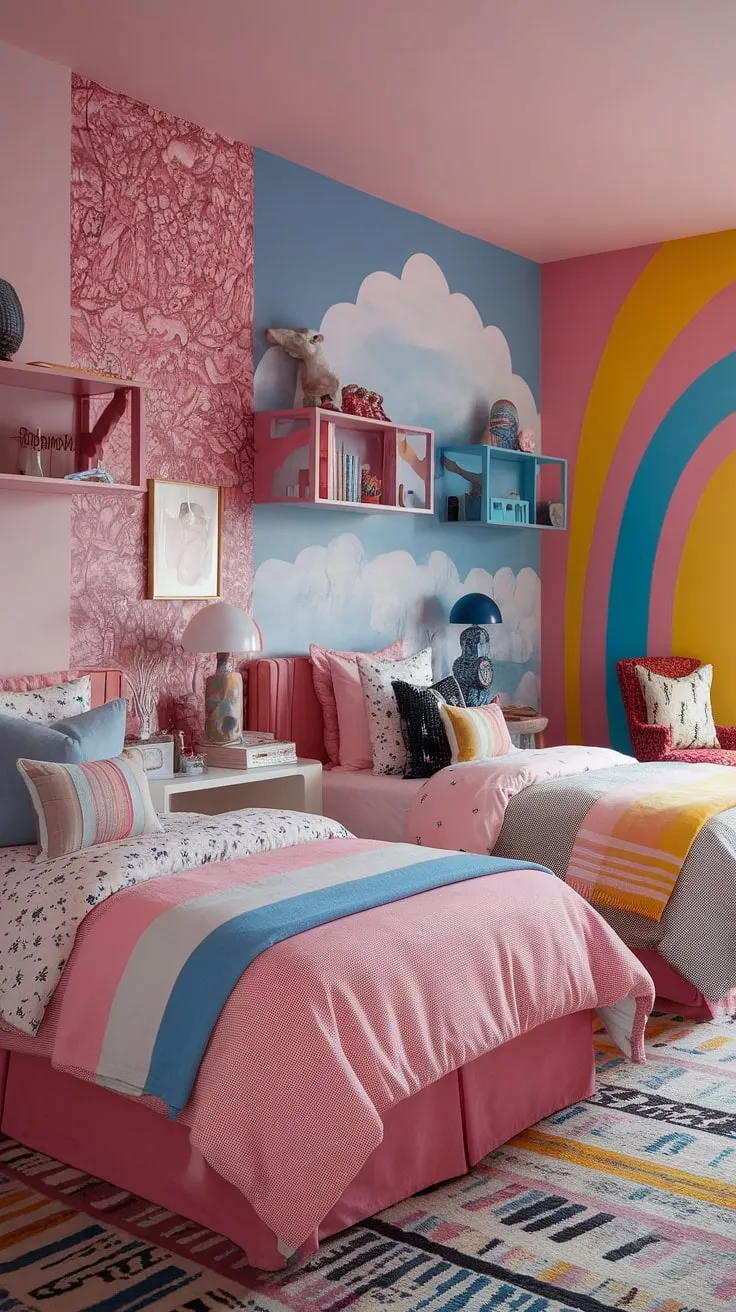 An eclectic kids room bursting with color and creativity, this functional space with two beds showcases maximalist ideas perfect for small children's room inspiration.