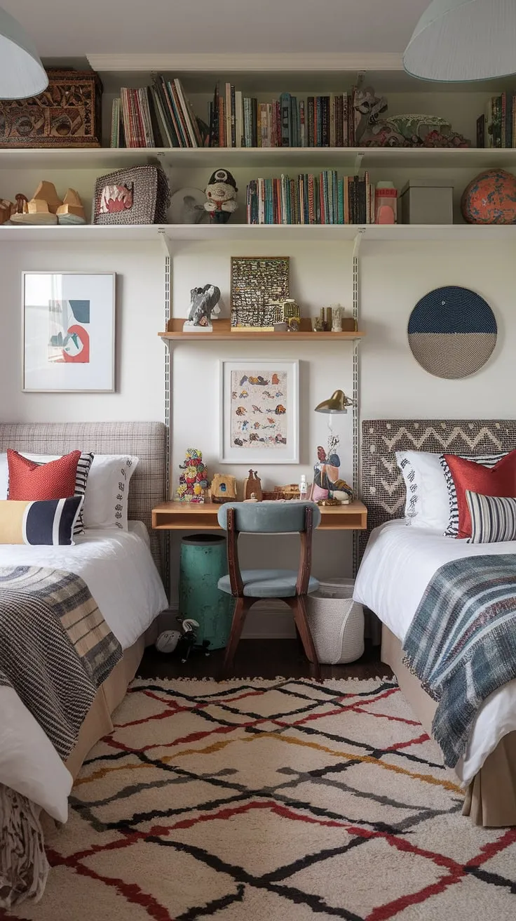 This vibrant maximalist eclectic kids room features two beds and a playful mix of furniture, colors, and textures, making it a functional and inspiring space for creativity.