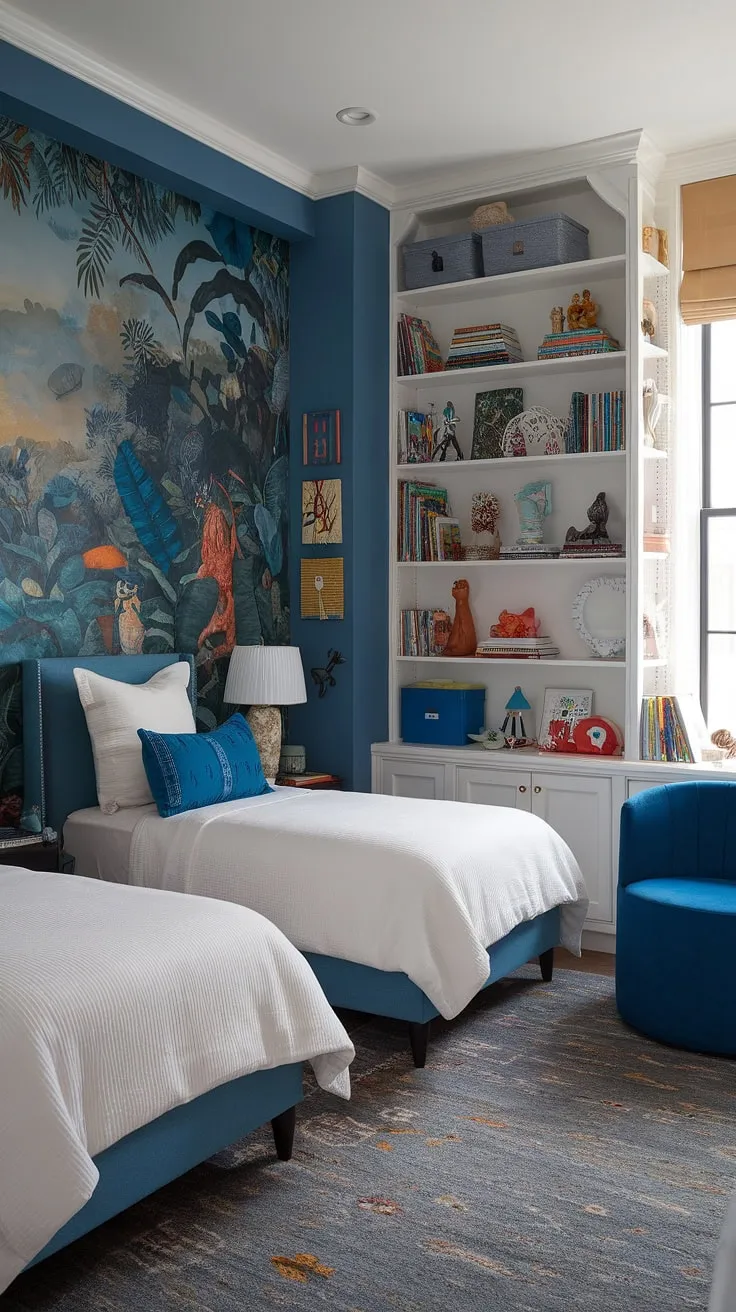With its blue walls, white bedding, and playful accents, this eclectic kids bedroom showcases creative room ideas for a fun and functional space.