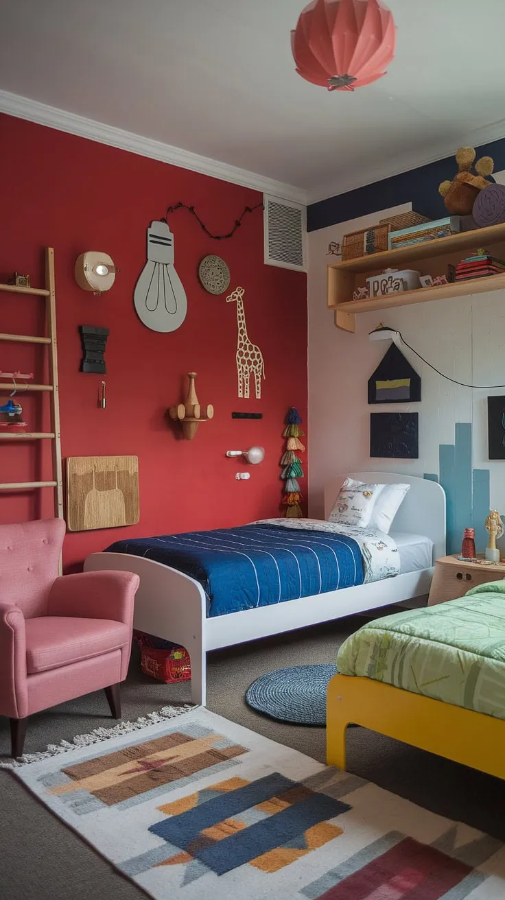 This eclectic kids room features two beds, vibrant decor, and functional elements, making it a perfect example of maximalist kids room ideas for small children's spaces.