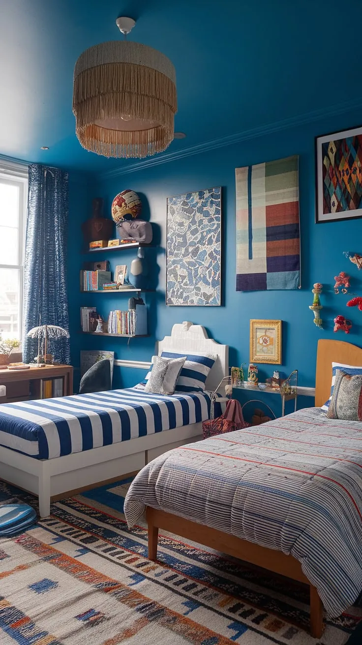 With its bright blue walls and diverse textures, this eclectic kids bedroom offers inspiring room ideas for a functional space that accommodates two beds.