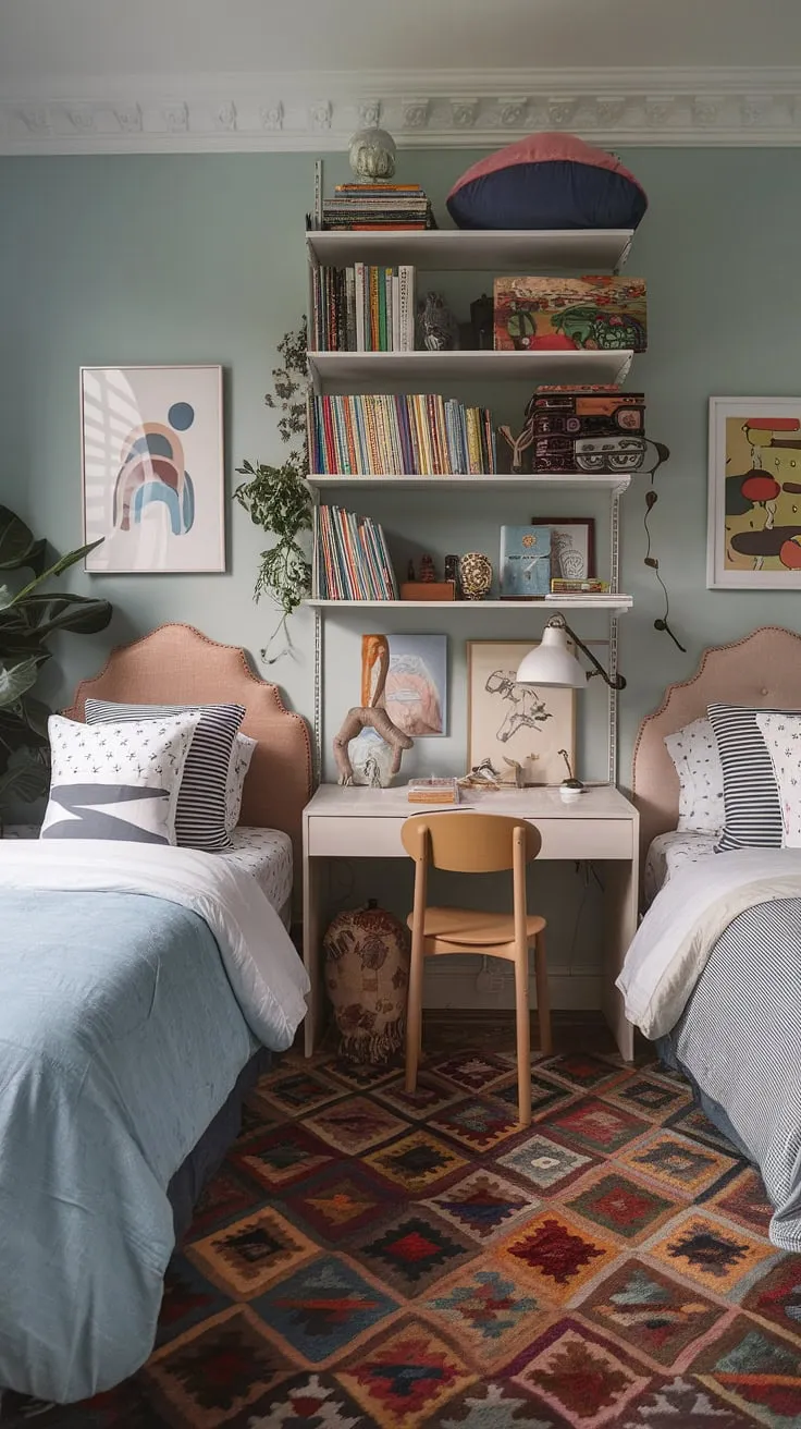 This vibrant eclectic kids room features two beds, a patterned rug, and playful decor, making it a functional and inspiring space for small children's room ideas.