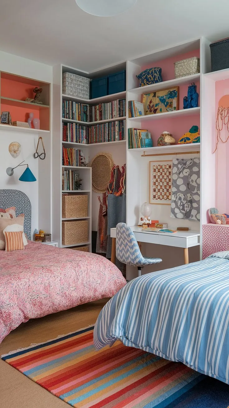 This eclectic kids bedroom features a maximalist design with two beds, vibrant patterns, and functional elements, making it a perfect small children's room idea.