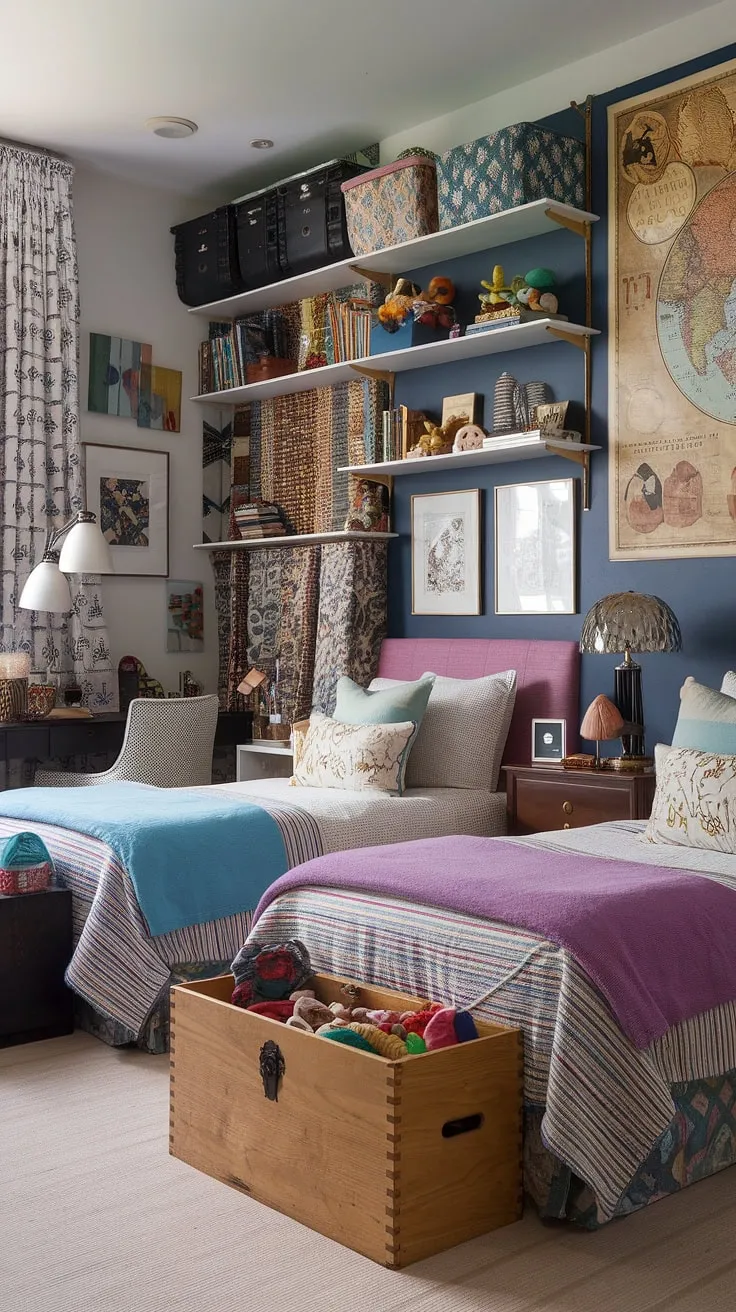 This eclectic kids room features two beds and a maximalist design filled with vibrant patterns, textures, and functional elements like a toy chest and a small desk, making it a perfect example of small children's room ideas.