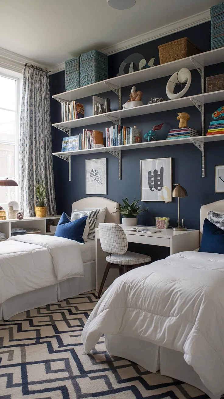 This eclectic kids bedroom features a maximalist design with navy blue walls, two beds, and vibrant decor, making it a functional and stylish small children's room.