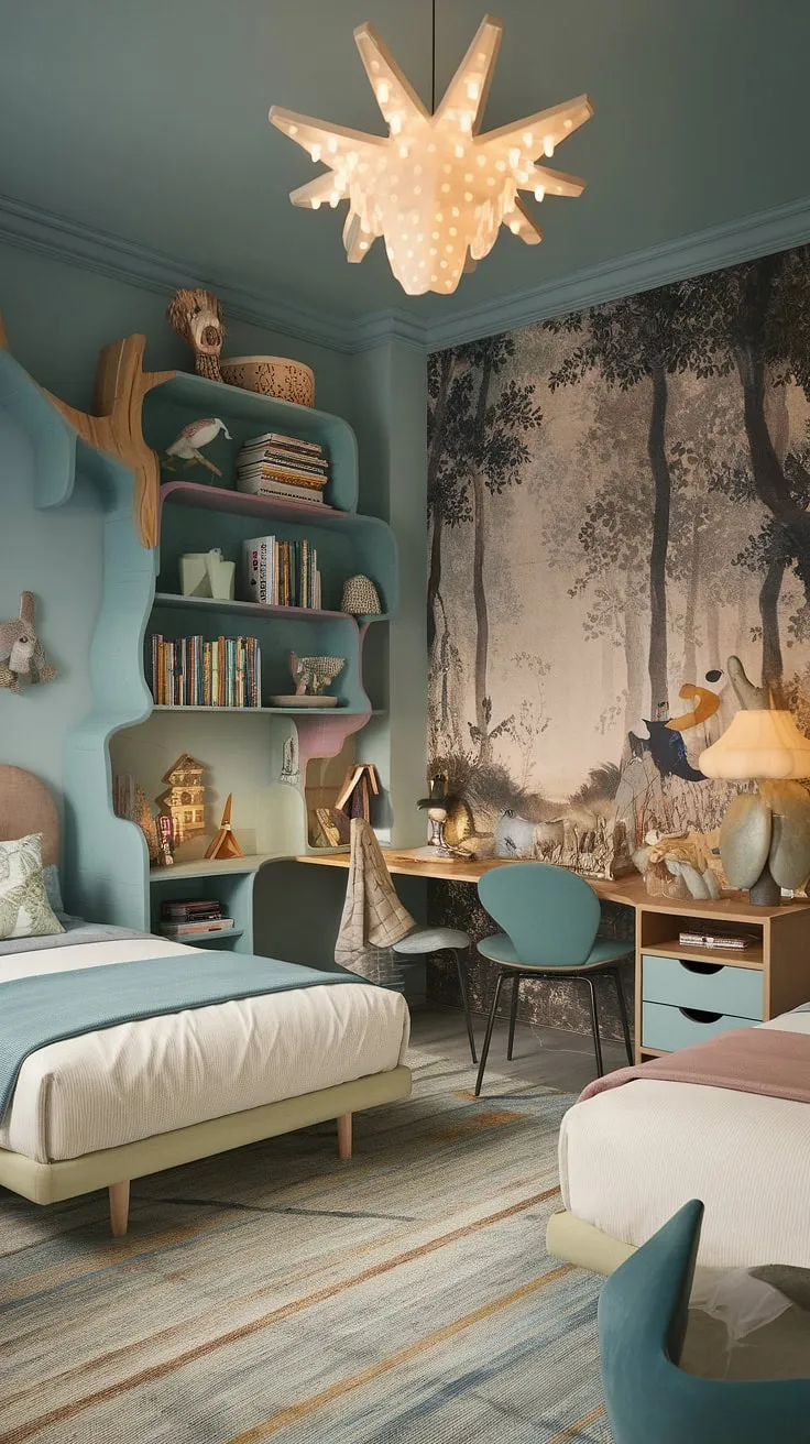 An eclectic kids room with two beds showcases functional design and vibrant decor, making it an inspiring maximalist space for imaginative play.