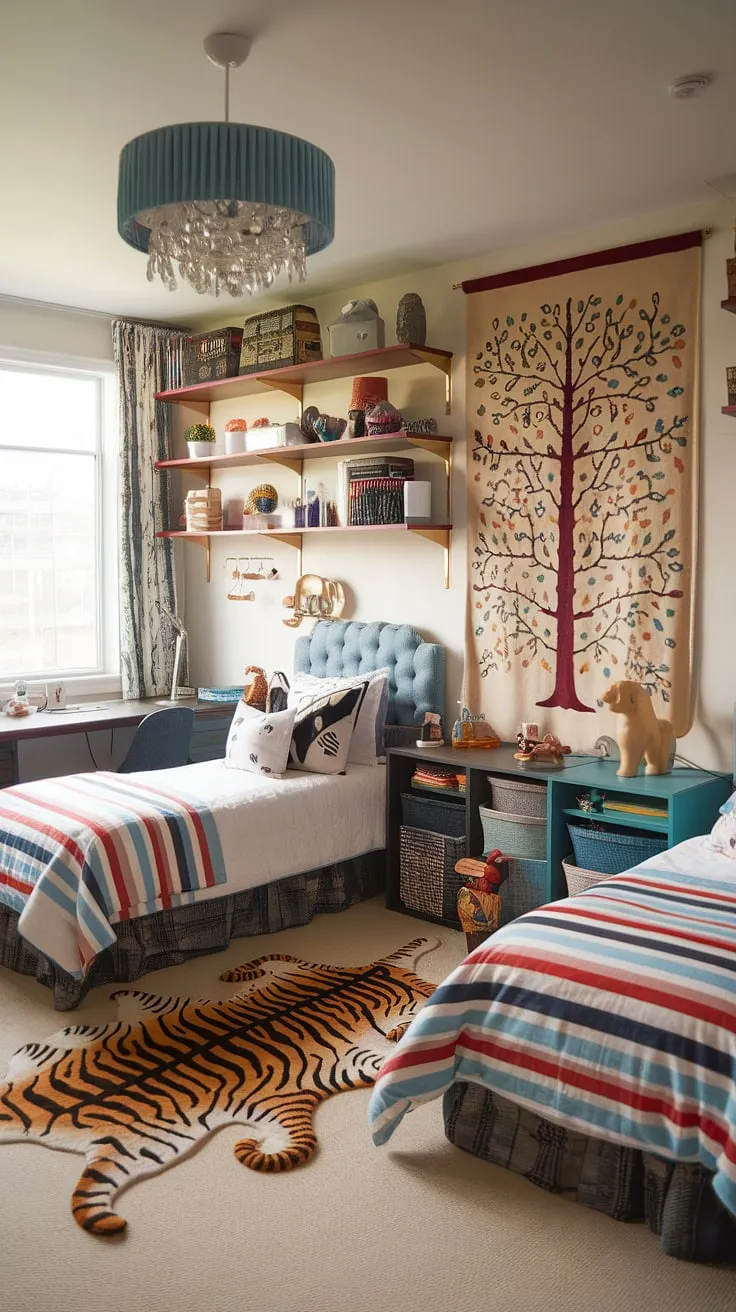 With its playful decor, including a tiger rug and whimsical lamp, this eclectic kids bedroom showcases innovative small children's room ideas while maximizing functionality.