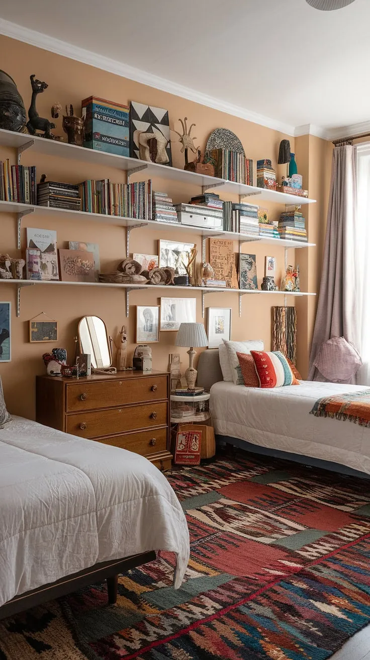 The maximalist design of this eclectic kids room showcases two beds, a vintage rug, and an array of colorful decor, perfect for sparking creativity in a small space.